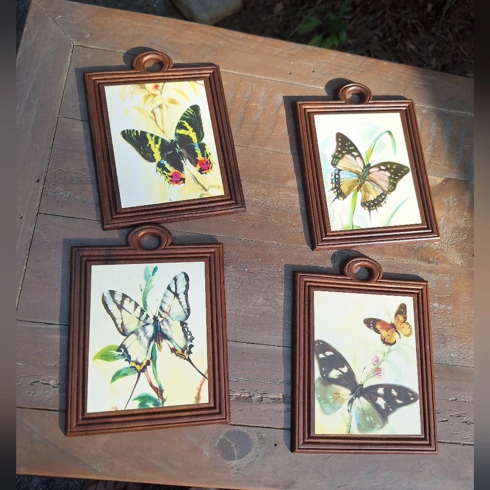 Vintage Wooden Wall Hanging Butterfly Decor Set of 4 Wood Watercolor Prints